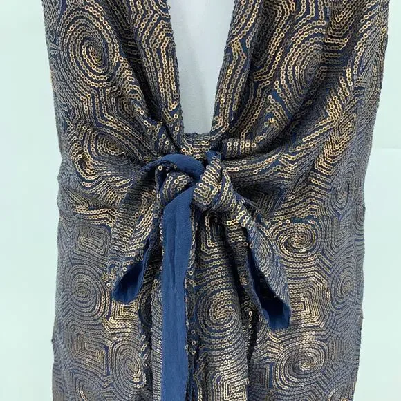 Free People Dress Women 6 Navy Gold Sequins Paris Rock Sleeveless Tie Front Mini - Picture 5 of 12